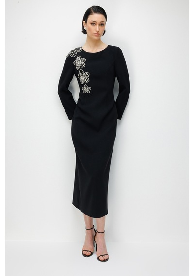 Moda İlgi Kadın Çiçek Desenli Taş Aksesuarlı Klasik Kalem Elbise 0093 Siyah Siyah Moda İlgi Kadın Çiçek Desenli Taş Aksesuarlı Klasik Kalem Elbise 0093 Siyah Siyah