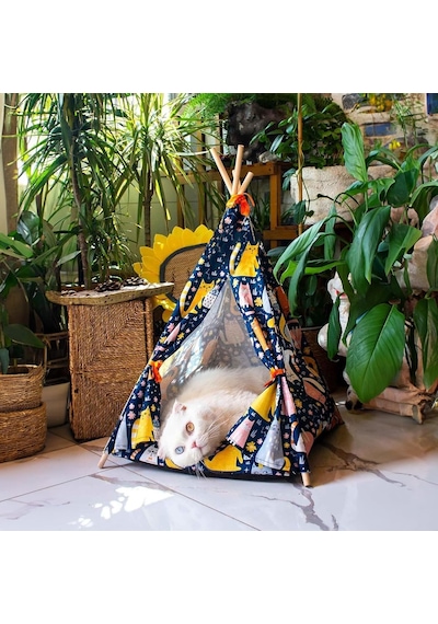 Kedi Çadırı, Kedi Evi Kolay Kurulum, Yıkanabilir Kedi Çadırı, Kedi Yatağı Kedili Desen, Large