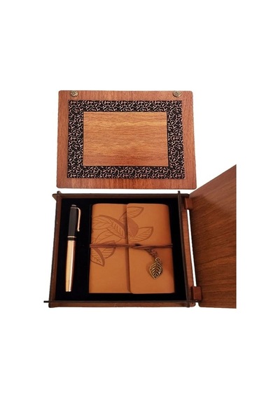 Hubrendy Emin Ahşap Kutulu Taba Renk Deri Defter Ve Kalem Set