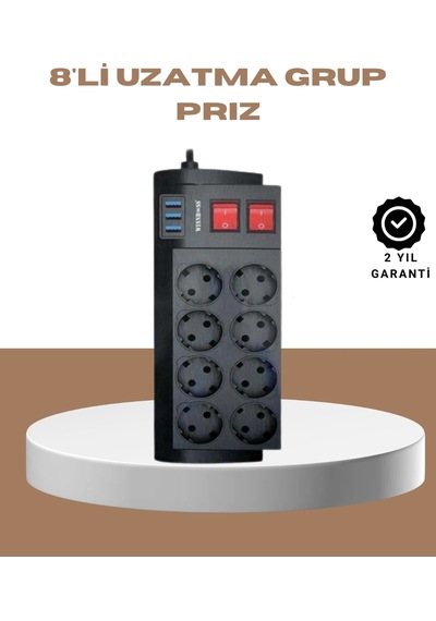Mey İthalat Güçlü Termal Korumalı 8 Priz + 3 Usb Çoklu Uzatma Kablosu 2m