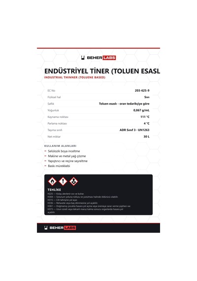 Beherlabs Endüstriyel Tiner Toluen Esaslı 30 L