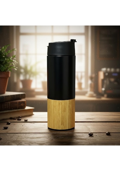 450 Ml Bambu Kaplamalı Çelik Termos - Sıcak Ve Soğuk Tutucu Sızdırmaz Mat Siyah Kahve Termosu Çok Renkli
