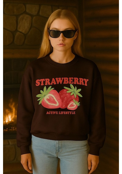 Benroma 3 İplik Penye Strawberry Baskılı Unisex Sweatshırt Kahverengi