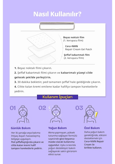 Seramid İçeren Hassas Bariyeri Destekleyen Cilt Bakım Pedi Dermatory Cera+nmn Repair Cream Gel Patch