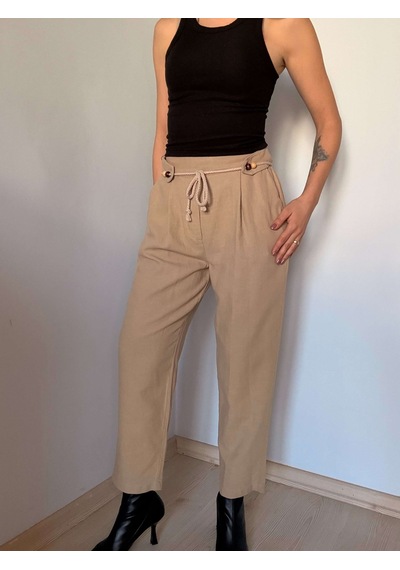 Ali Butik Vizon Boncuk Bağlama Detaylı Keten Pantolon Krem