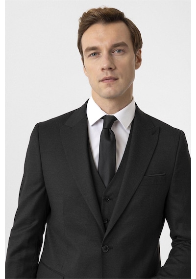 Süvari Siyah Slim Fit Armürlü Sivri Yaka 6 Drop Yelekli Klasik Takım Elbise-35629 Siyah