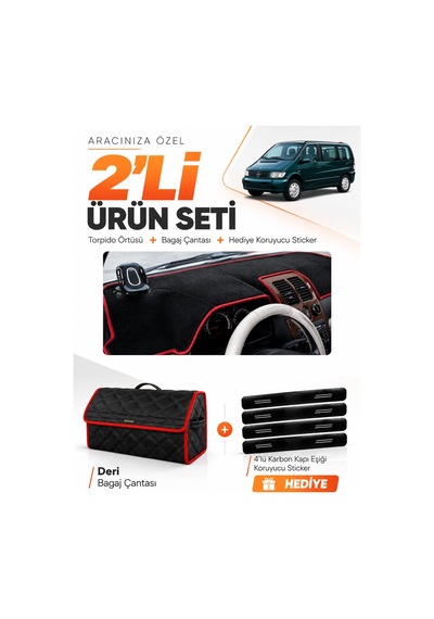 E-biz Mercedes Vıto W638 1996-2003 Uyumlu Torpido Örtüsü + Deri Çanta - Siyah-kırmızı - Mb024