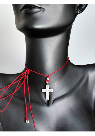 925 Ayar Gümüş Zirkon Taşlı Kırmızı İp Haç Tasarım Choker Kadın Kolye