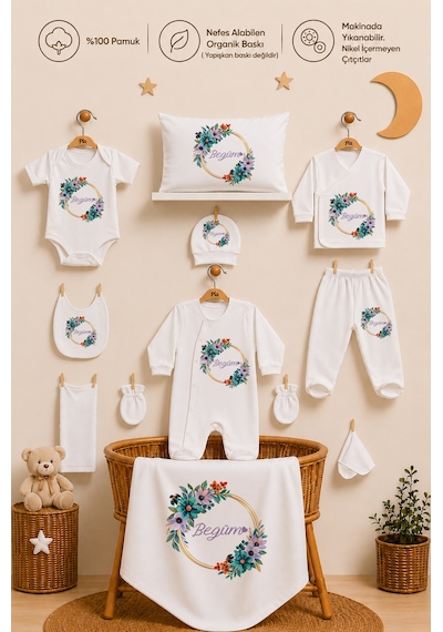 Pia Baby Kız Bebek Hastane Çıkışı 11 Parça %100 Pamuk Kişiye Özel İsimli Organik Baskılı Set 1026113x Ekru
