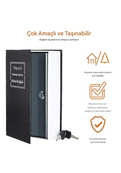 Kitap Görünümlü Altın Saklama Anahtarlı Çelik Mini Kasa Müchevher