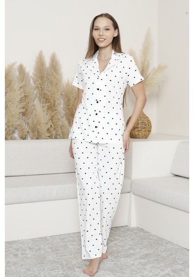 Wordex Mirano 6864 Kısa Kollu Süprem Kumaş Düğmeli Kadın Pijama Takımı Beyaz