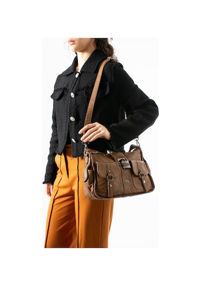 571 Collections Yıkanmış Deri Omuz Kol Çantası Taba - Kilit Aksesuarlı Model: 571-13s