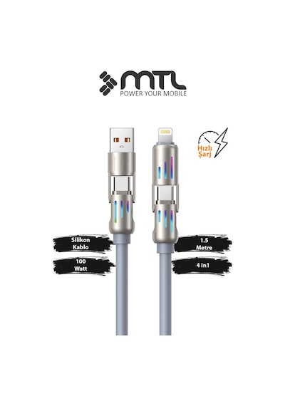 205w 4'ü 1 Arada Süper Hızlı Şarj Rgb Led Işıklı Çoklu Fonksiyonlu Silikon Kablo 1.5 Metre Mt2514