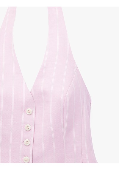 Koton Keten Karışımlı Sırt Dekolteli Çizgili Pileli Peplum Halter Yaka Yelek Pınk Strıpe 6sak20074pw Pembe Çizgili