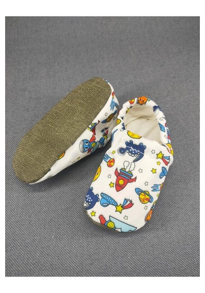 Loove Bebe Bebek Patik Ev Kreş Ayakkabısı Lastikli Ergonomik Tasarım Desenli Uzay Beyaz