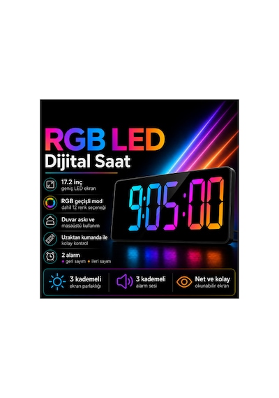 Rgb Büyük Ekranlı Dijital Duvar Saati 17.2 İnç Uzaktan Kumandalı Diji150 Rgb - 888719278 Rgb