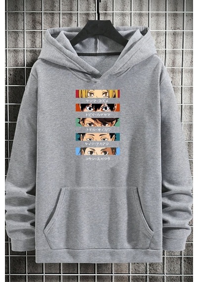 Uyguntarz Unisex Cosplay Haikyuu Baskılı Sweatshirt Gri