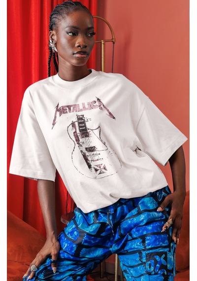 Sevbano Metallica Rock Metal Müzik Grubu Ön Baskılı Unisex Oversize Tişör Beyaz