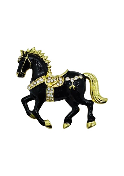 Siyah & Beyaz At Broş - Kristal Taşlı Zarif Horse Brooch Şık Hayvan Figürlü Aksesuar Siyah