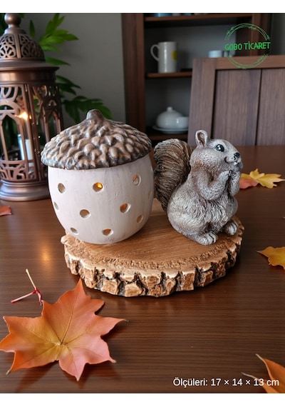 Rustik Sincap Figürlü Meşe Palamudu Mumluk Tealight Led Mum Hediyeli 17 14 13 Cm 17 14 13 Cm