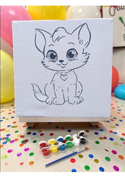 Çocuklar İçin Tuval Boyama Seti Sevimli Kedi 20x20 Cm Tuval, Şövale, Fırça Ve 6 Renk Akrilik Boya Seti