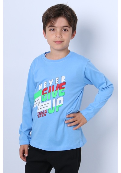 Hçm Erkek Çocuk Uzun Kollu Tshirt Never Give Up Baskılı Bisiklet Yaka D10 Mavi