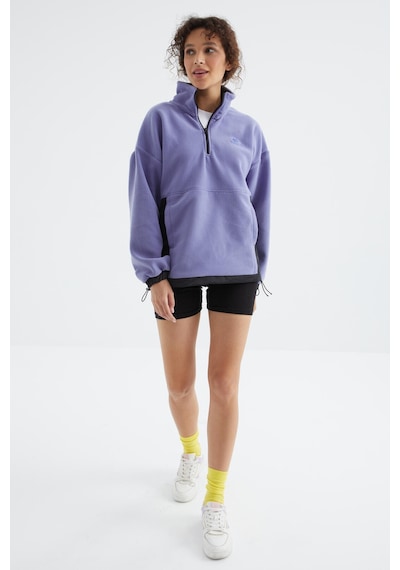 Tommy Life Açık Eflatun Yarım Fermuar Etek Ucu Büzgülü Dik Yaka Oversize Kadın Polar Sweatshirt - 97236 Eflatun
