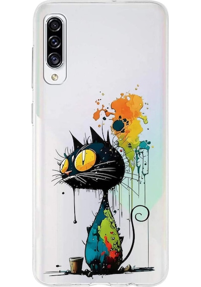 Samsung Galaxy A30s İle Uyumlu Splash Kedi Tasarımlı Şeffaf Silikon Kılıf Şeffaf
