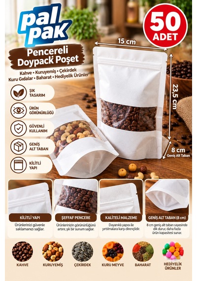 Pencereli Kilitli Poşet Kahve, Kuruyemiş Ve Gıda Ambalajı 15x23,5+8 Cm 50 Adet