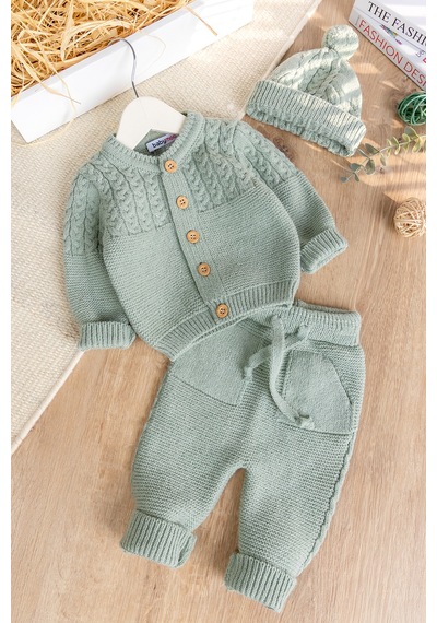 Babymod Triko Yumuşak Dokulu Bereli Kışlık Örgü Kız Erkek Bebek Takım Set Yeşil
