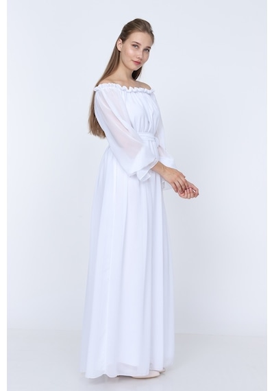Moda Labio Modalabio - Dökümlü Kol Beyaz Elbise