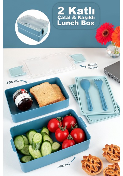 2 Katlı Kilitli Beslenme Kabı - Kendinden Çatal Kaşıklı Lunch Box Beslenme Kutusu Saklama Kabı Mavi