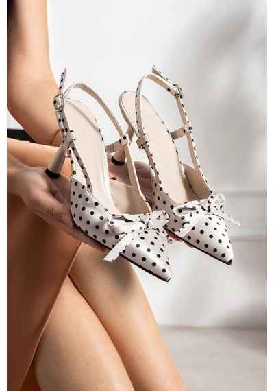 Dabab Shoes Polkıa Krem Puantiye Desenli Saten Sivri Burun Slingback 7 Cm İnce Topuklu Ayakkabı