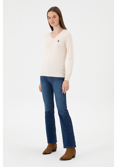 U.S. Polo Assn. Kadın Krem Melanj V Yaka Basic Kazak 50313590-VR159