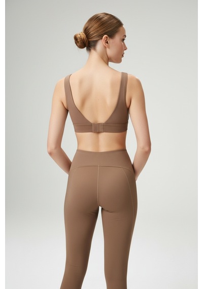 Yüksek Bel Toparlayıcı Tayt & V Sırt Destekli Spor Sütyeni - Sculpt Set Kahverengi
