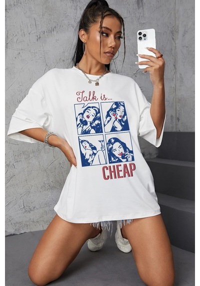 Unisex Talk İs Cheap Baskılı Oversize Tshirt Beyaz