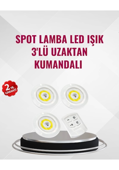 3 Lü Pilli Kablosuz Led Spot Lamba Seti Kumandalı Kolay Montaj Aydınlatma Çok Renkli
