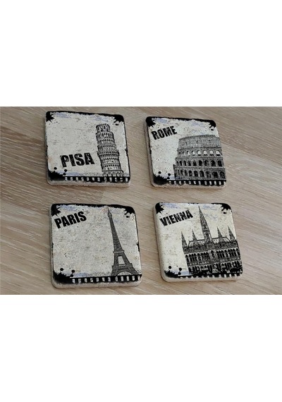 Siyah Beyaz Pisa Kulesi Roma Paris Venedik Doğal Taş Bardak Altlığı 4'lü Set - Natural Stone Coasters - Taş Beyaz - Siyah