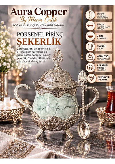 Aura Copper Porselen Pirinç Şekerlik 150 Ml Kapaklı Kaşıklı Kulplu Ayaklı Lokumluk Yeşil-gümüş
