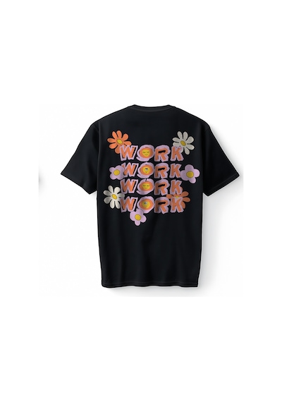 Bumeta Flowers Work Work Work Çiçek Baskılı Oversize Unisex Tişört T-shirt Siyah