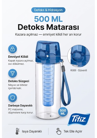 Detox Matara Kilitli Kapak Suluk Polikarbon 500 Ml Tuşlu Açılan Mavi