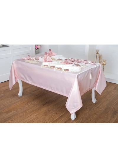 Afife Kadife Krem Pudra Sofra Takımı 8 Kişilik 160x230 Cm 34 Parça -1426 Çok Renkli