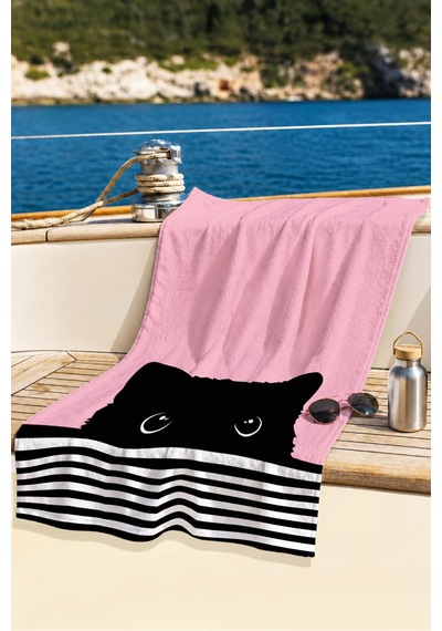 Kedi Figürlü Çizgili Pembe Plaj Havlusu-minimalist Siyah Beyaz Marine Hızlı Kuruyan Mikrofiber Havlu Kül Melon