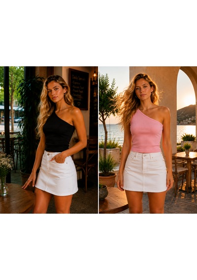 Feyece 2'li Siyah Pudra Tek Omuz Detaylı Kaşkorse Bluz Crop Pudra Pembe