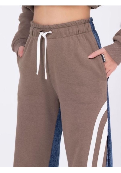 Zekids Kız Çocuk Şeritli Bol Paça Denim Pantolon-13453-kahverengi Kahverengi