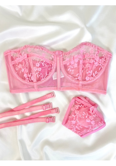 Arinda Candice Pembe Çiçek Desenli Brode İşlemeli Tek Renk Balenli Kapsız Askıları Çıkarılabilir Bralette Sütyen Tanga Alt Üst İç Çamaşırı Takımı 2 Parça Arinda Candice Pembe Çiçek Desenli Brode İşlemeli Tek Renk Balenli Kapsız Askıları Çıkarılabilir Bralette Sütyen Tanga Alt Üst İç Çamaşırı Takımı 2 Parça