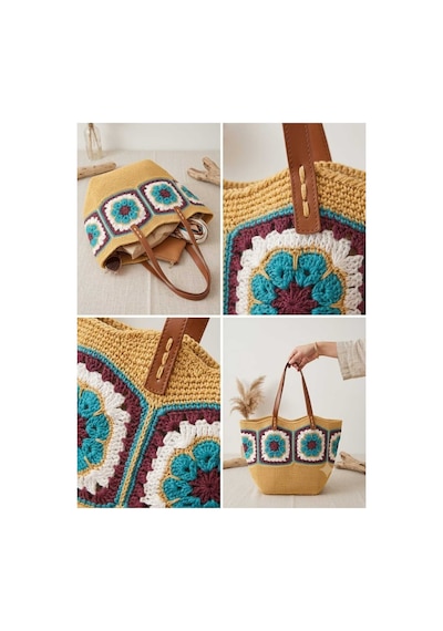 Myzumax El Örgüsü Motifli Kağıt İp Kadın Omuz Çantası Deri Askılı, Boho / Bohemian Tasarım Plaj Ve Günlük Çanta Bej