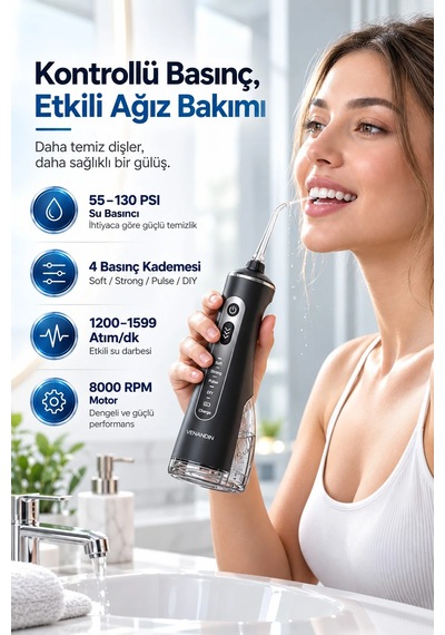 Exenar - Siyah - Şarjlı Ağız Duşu Diş Banyosu Cihazı Diş Arası Su Püskürtmeli Diş Teli İmplant Temizleme Aleti Ipx7