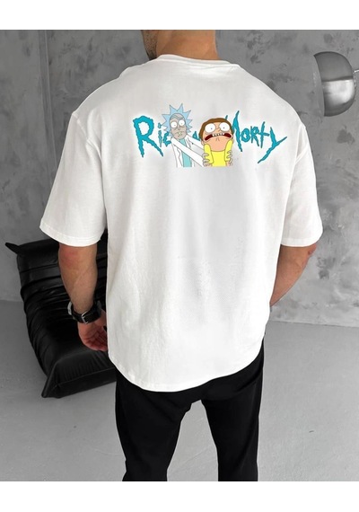 Erkek Kısa Kol Tişört Bisiklet Yaka Rick And Morty Baskılı T-shirt - Beyaz