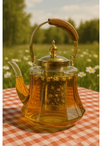 Ahşap Saplı Isıya Dayanıklı Borosilikat Amber Cam Demlik 1200 Ml Süzgeçli Cam Demlik Amber